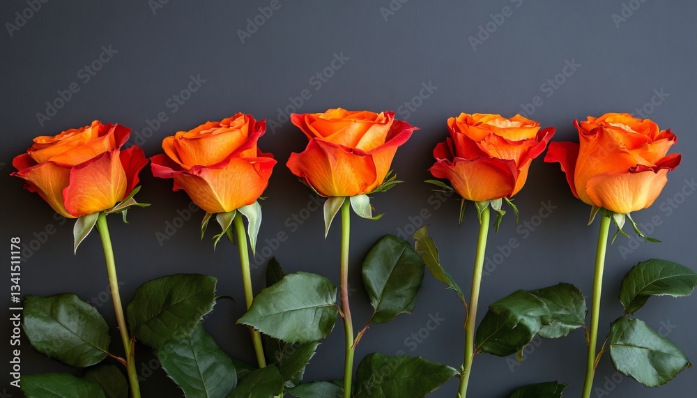 Fototapeta premium Five Vibrant Orange Roses Arranged in a Row Against a Dark Gray Background With Copy Space