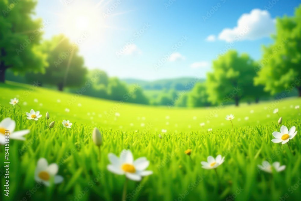 Obraz premium Sun-drenched spring meadow, blurred blue sky to vibrant green grass , grass, botany, idyllic