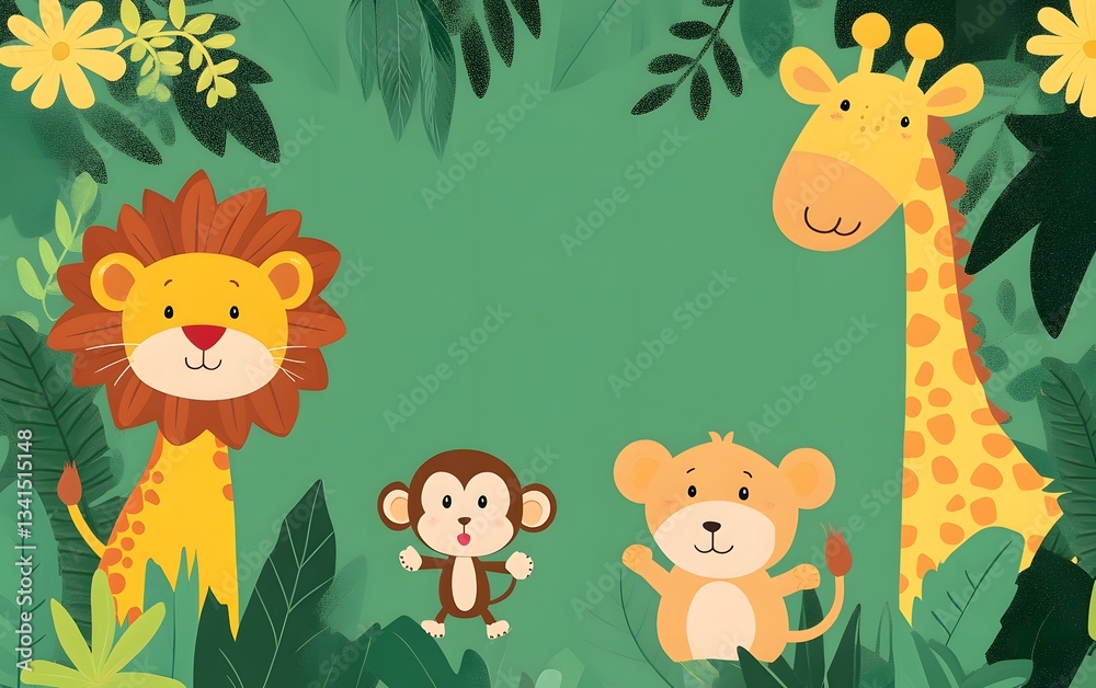 Obraz premium Cute jungle safari animals including lions, giraffes, and monkeys playing among vibrant green foliage