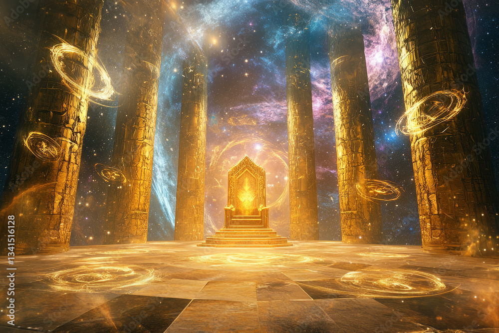 A grand celestial throne room 3D background with golden pillars stretching into the heavens, an enormous glowing throne surrounded by swirling cosmic energy, floating celestial symbols illuminating A grand celestial throne room 3D background with golden pillars stretching into the heavens, an enormous glowing throne surrounded by swirling cosmic energy, floating celestial symbols illuminating
