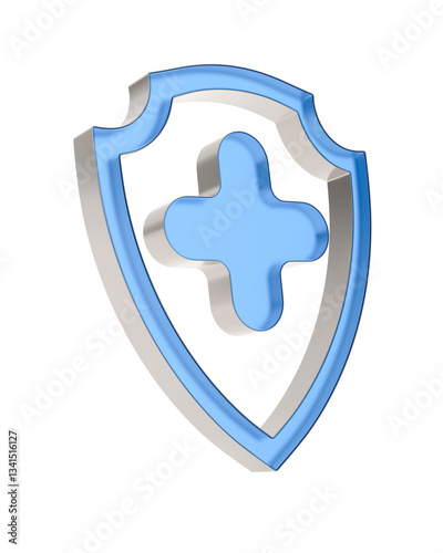 Cross into shield on white background. Isolated 3D illustration