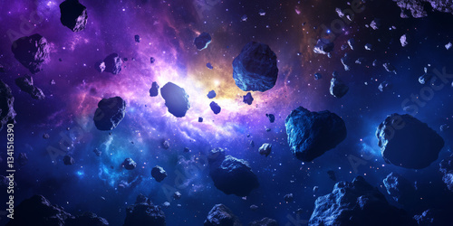 A cosmic 3D background depicting an enormous asteroid belt illuminated by the soft glow of distant stars. The floating rocks and dust particles create an immersive space scene, with deep blue and