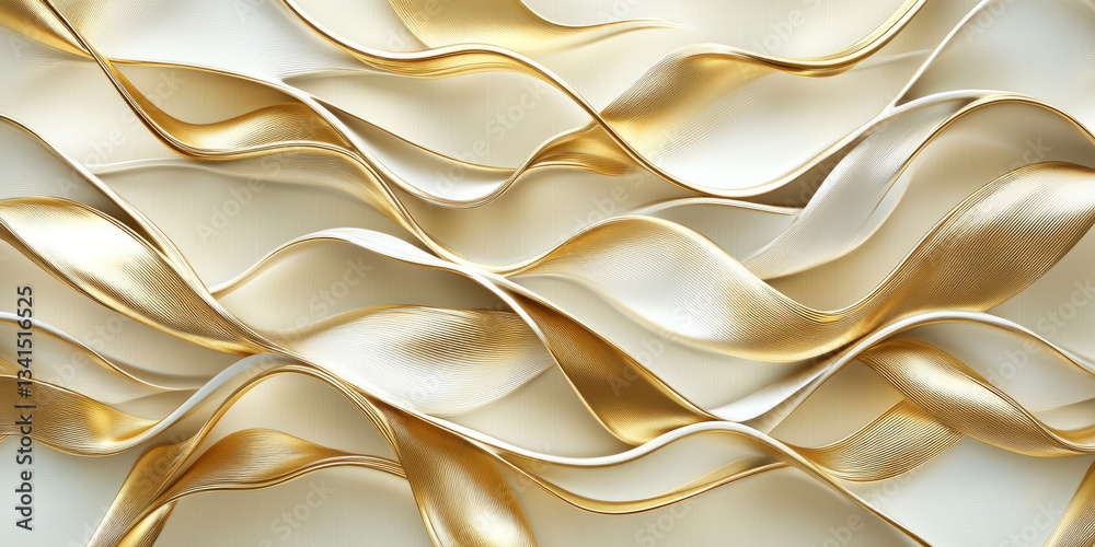 A luxury-inspired 3D background featuring a series of golden, interwoven ribbons forming a fluid, abstract pattern. The metallic sheen and soft reflections enhance the sense of sophistication and
