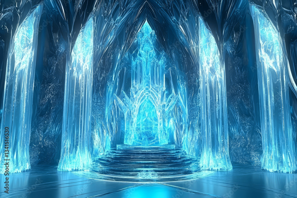 A frozen ice cave throne room 3D background with walls of shimmering blue ice, a massive frozen crystal throne at the center, and glowing mystical runes etched into the frosty surfaces, creating a