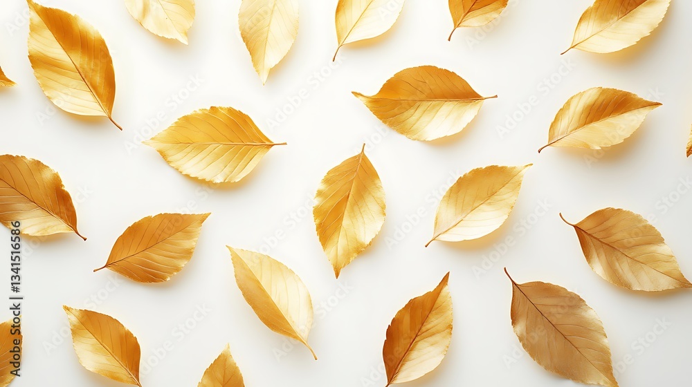 Delicate golden leaf patterns scattered artistically over a bright white surface. Delicate golden leaf patterns scattered artistically over a bright white surface.