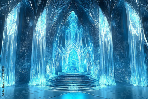 Obraz na płótnie A frozen ice cave throne room 3D background with walls of shimmering blue ice, a massive frozen crystal throne at the center, and glowing mystical runes etched into the frosty surfaces, creating a w salonie