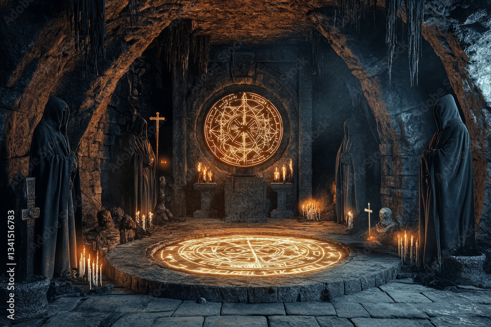A mysterious underground occult chamber 3D background room with an ancient stone altar covered in glowing runes, thick candle wax dripping onto the floor, shadowy hooded statues standing in silence, a