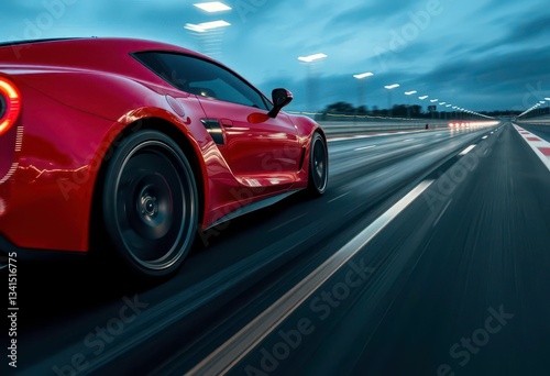 Red sports car blurred motion, drag strip asphalt, high speed race, race car, adrenaline