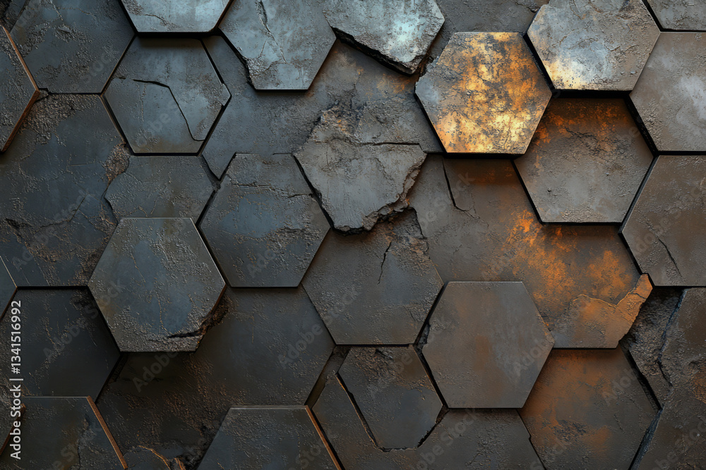 A textured industrial 3D background featuring a rugged, metallic hexagonal pattern. The worn-out, slightly rusted surfaces add an aged, cyber-mechanical aesthetic, making the scene perfect for