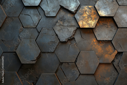 Obraz na płótnie A textured industrial 3D background featuring a rugged, metallic hexagonal pattern. The worn-out, slightly rusted surfaces add an aged, cyber-mechanical aesthetic, making the scene perfect for w salonie