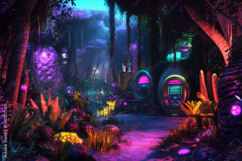 A mysterious alien jungle expedition base 3D background room surrounded by glowing extraterrestrial flora, high-tech research equipment scanning the surroundings, and a soft bioluminescent glow