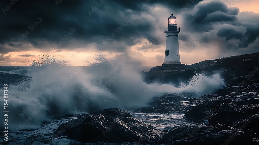 Crashing Waves Near Lighthouse Against Dramatic Sky at Dusk Scenery Crashing Waves Near Lighthouse Against Dramatic Sky at Dusk Scenery
