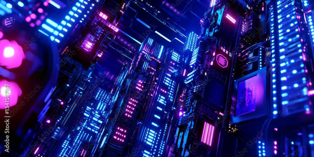 A sci-fi 3D background displaying a robotic cityscape with towering skyscrapers adorned with glowing holographic signs. The neon blues and purples contrast with the sleek metallic surfaces, creating a