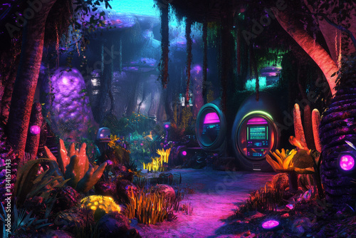 Obraz na płótnie A mysterious alien jungle expedition base 3D background room surrounded by glowing extraterrestrial flora, high-tech research equipment scanning the surroundings, and a soft bioluminescent glow w salonie