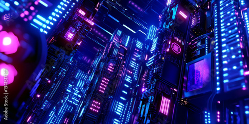 Obraz na płótnie A sci-fi 3D background displaying a robotic cityscape with towering skyscrapers adorned with glowing holographic signs. The neon blues and purples contrast with the sleek metallic surfaces, creating a w salonie