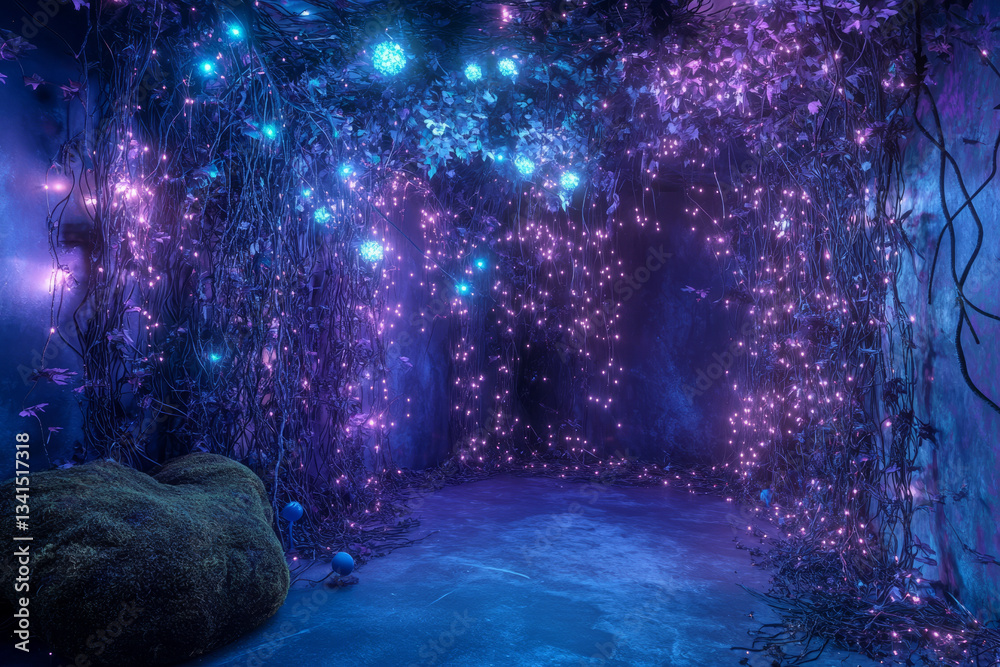 A magical enchanted forest hideout 3D background room with walls made of intertwining glowing vines, a bed of soft moss, and ethereal fairy lights floating in the air. The bioluminescent fungi and