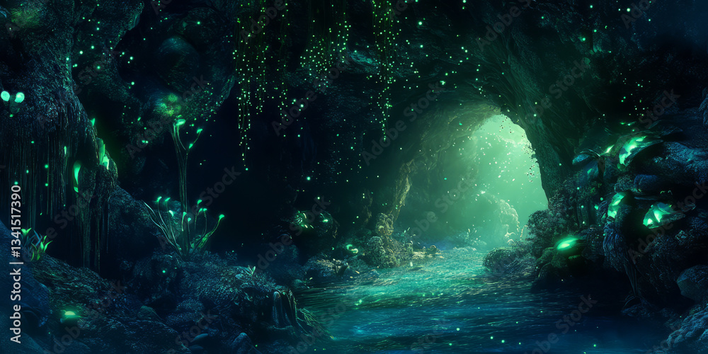 A fantasy-inspired 3D background depicting a mystical cave with bioluminescent plants casting a soft glow. The rich greens and deep blues create an otherworldly ambiance, making the scene feel