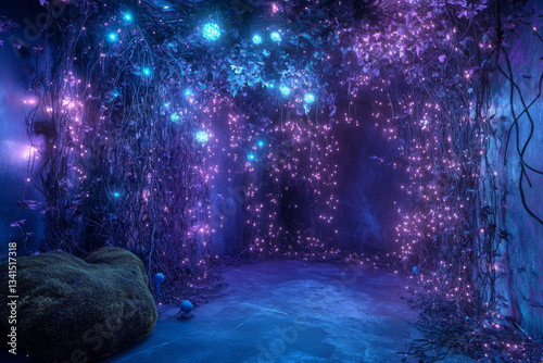 Obraz na płótnie A magical enchanted forest hideout 3D background room with walls made of intertwining glowing vines, a bed of soft moss, and ethereal fairy lights floating in the air. The bioluminescent fungi and w salonie