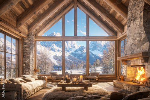 A cozy rustic mountain lodge 3D background room with a stone fireplace, soft fur blankets, and large wooden beams supporting the ceiling. The massive windows reveal breathtaking views of snow-covered