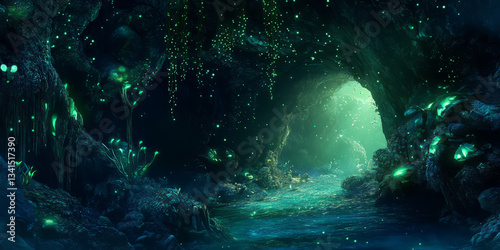 Obraz na płótnie A fantasy-inspired 3D background depicting a mystical cave with bioluminescent plants casting a soft glow. The rich greens and deep blues create an otherworldly ambiance, making the scene feel w salonie