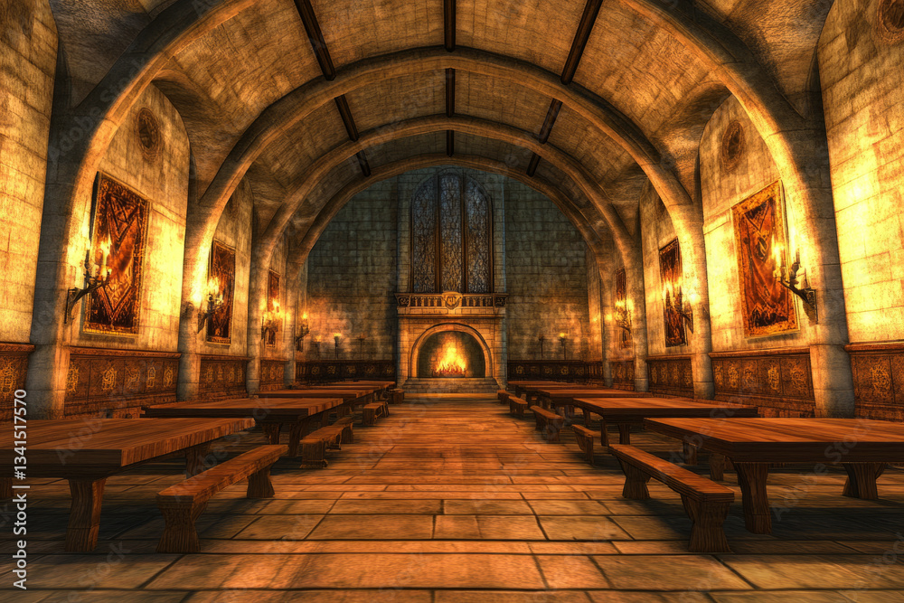 A vast medieval great hall 3D background room with long wooden banquet tables, flickering torchlight on stone walls, and a grand fireplace casting a warm golden glow. The high vaulted ceilings are