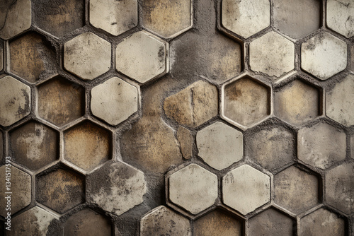 Obraz na płótnie A vintage-inspired 3D background with faded hexagonal patterns resembling old tiles. Some hexagons are chipped or slightly misaligned, adding an aged and worn aesthetic to the design. w salonie