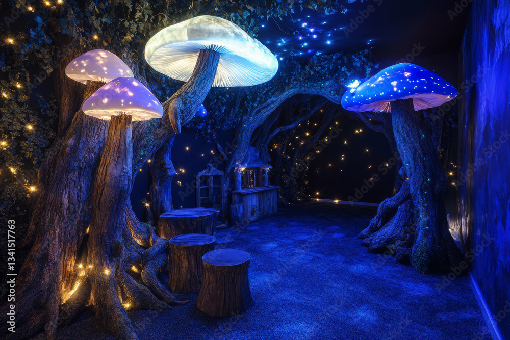 A mystical enchanted forest room 3D background with glowing bioluminescent mushrooms, ancient tree roots forming natural furniture, and fireflies dancing in the air, creating an otherworldly magical
