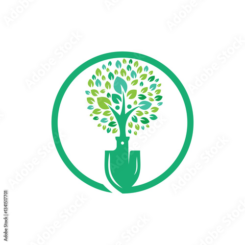 Shovel with human tree vector logo design. Green garden environment logo design template.	