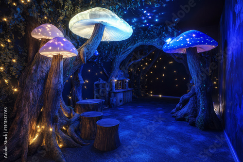 Obraz na płótnie A mystical enchanted forest room 3D background with glowing bioluminescent mushrooms, ancient tree roots forming natural furniture, and fireflies dancing in the air, creating an otherworldly magical w salonie