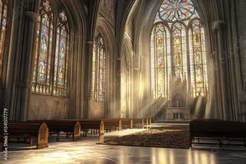 A grand gothic cathedral 3D background room with towering stained-glass windows, intricate stone carvings, and long wooden pews. The dramatic light filtering through the colored glass casts