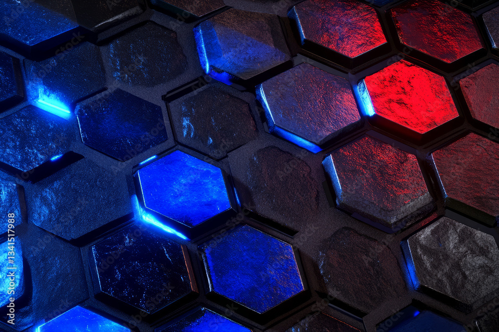 A high-tech 3D background featuring hexagonal tiles arranged in a honeycomb pattern, with some sections glowing from within. The illuminated blue and red hues contrast against the dark, matte tiles,