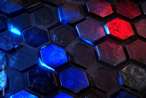 Obraz na płótnie A high-tech 3D background featuring hexagonal tiles arranged in a honeycomb pattern, with some sections glowing from within. The illuminated blue and red hues contrast against the dark, matte tiles, w salonie