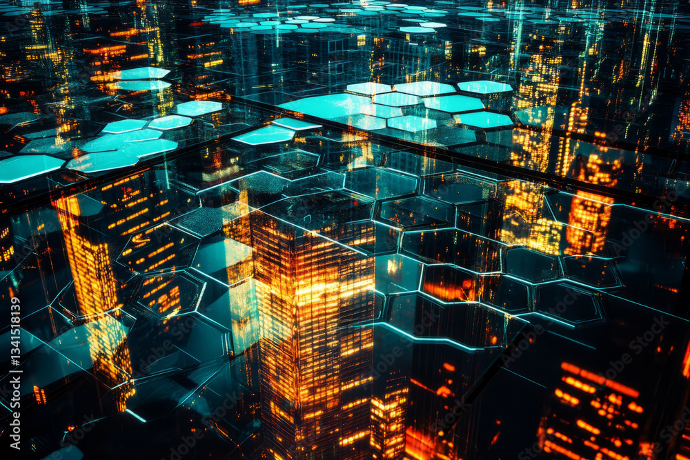 A mesmerizing 3D background with hexagonal glass panels reflecting neon city lights. The transparent and glossy hexagons create an urban cyberpunk aesthetic with rich reflections and futuristic