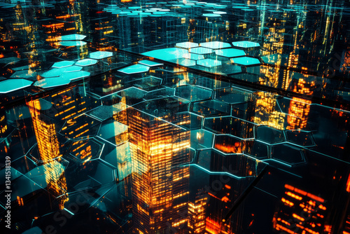 Obraz na płótnie A mesmerizing 3D background with hexagonal glass panels reflecting neon city lights. The transparent and glossy hexagons create an urban cyberpunk aesthetic with rich reflections and futuristic w salonie