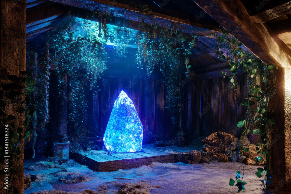 A mystical enchanted forest cabin 3D background room, where bioluminescent plants glow softly in the dim interior. Vines creep through wooden beams, and a magical crystal emits a soft blue aura in the