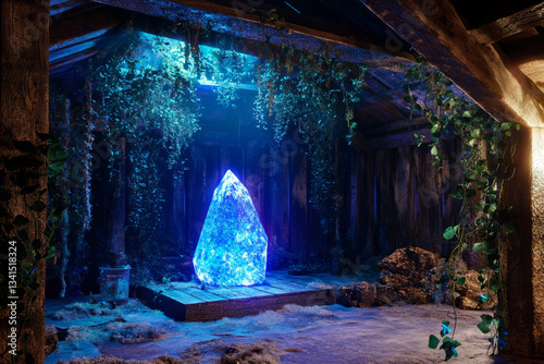 Obraz na płótnie A mystical enchanted forest cabin 3D background room, where bioluminescent plants glow softly in the dim interior. Vines creep through wooden beams, and a magical crystal emits a soft blue aura in the w salonie