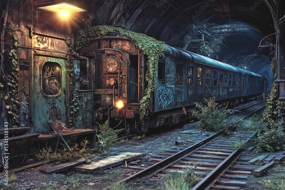 A hidden underground train station 3D background room with old, rusting locomotives covered in ivy, flickering industrial lights casting eerie shadows, graffiti-covered walls telling stories of the