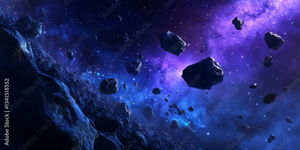 A cosmic 3D background depicting an enormous asteroid belt illuminated by the soft glow of distant stars. The floating rocks and dust particles create an immersive space scene, with deep blue and