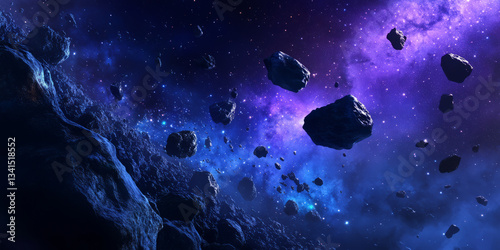 Obraz na płótnie A cosmic 3D background depicting an enormous asteroid belt illuminated by the soft glow of distant stars. The floating rocks and dust particles create an immersive space scene, with deep blue and w salonie