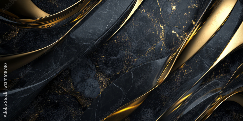 A luxurious 3D background with an elegant black and gold color scheme. Marble textures blend with metallic gold accents, creating a high-end, sophisticated atmosphere. Soft lighting enhances the depth