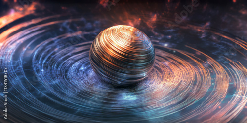 Obraz na płótnie A high-tech 3D background depicting a levitating, spinning metallic sphere surrounded by swirling holographic data streams. The sleek sci-fi elements enhance the advanced digital aesthetic. w salonie