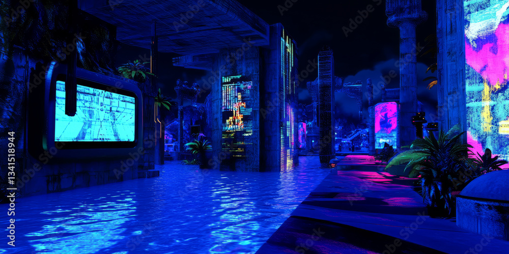 A cyberpunk-inspired 3D background featuring neon-lit streets, holographic billboards, and dark urban architecture. The scene is bathed in blue, magenta, and cyan hues, giving a high-tech, dystopian