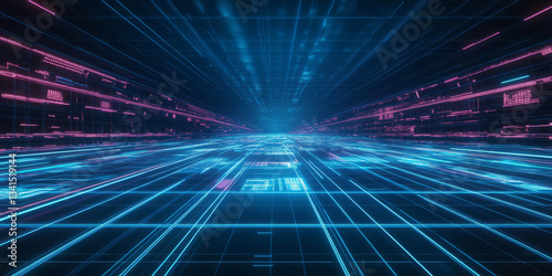 A futuristic 3D background with a vast, illuminated data grid extending into the horizon. The pulsating neon blue lines create a cybernetic, high-tech aesthetic perfect for digital themes.