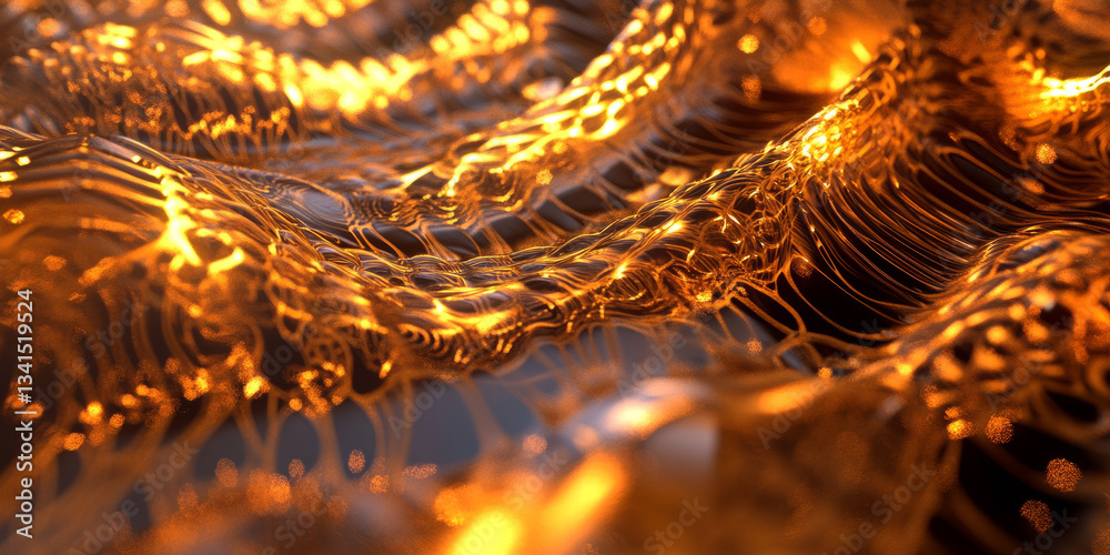 A luxurious 3D background featuring an intricate pattern of golden waves forming an abstract, fluid design. The soft reflections and warm lighting create a sophisticated ambiance, perfect for high-end