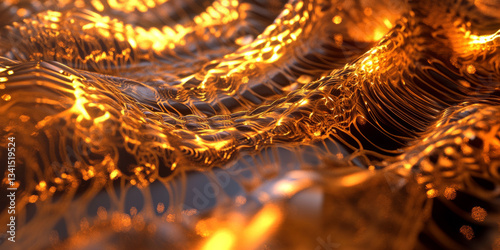 Obraz na płótnie A luxurious 3D background featuring an intricate pattern of golden waves forming an abstract, fluid design. The soft reflections and warm lighting create a sophisticated ambiance, perfect for high-end w salonie