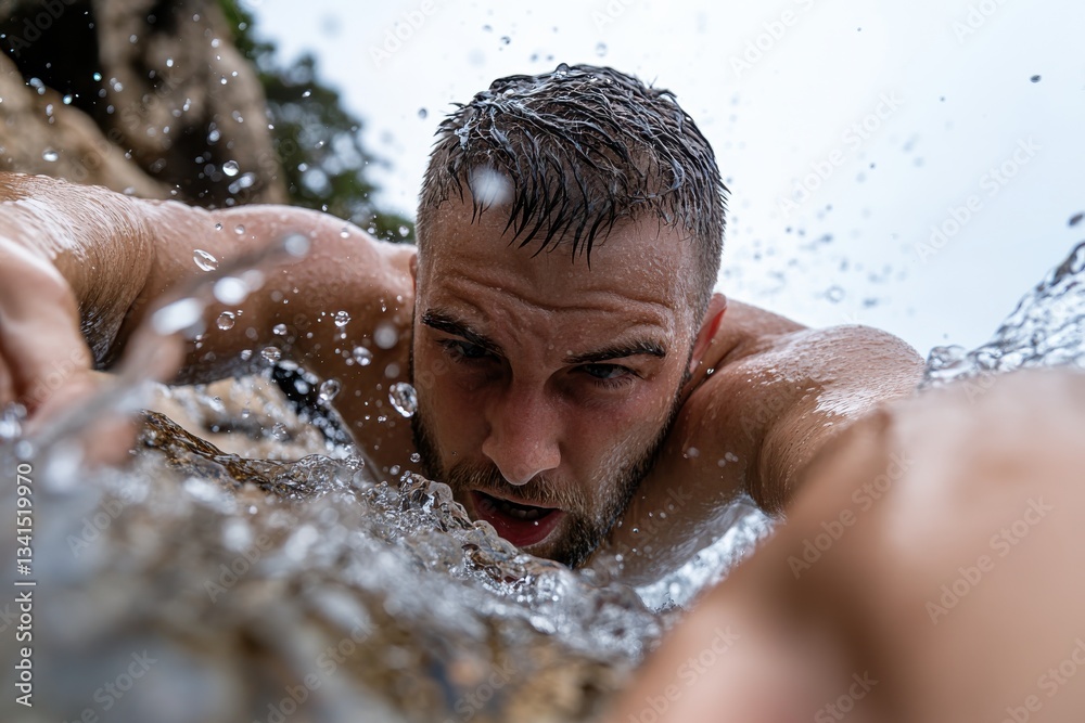 Fototapeta premium A man is depicted struggling through water, showcasing determination and focus, highlighting the interaction between human effort and nature in a dramatic environment.