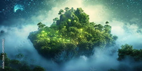 A fantasy-inspired 3D background depicting a floating island covered in glowing, bioluminescent vegetation. The soft mist surrounding the scene enhances the magical and otherworldly ambiance.