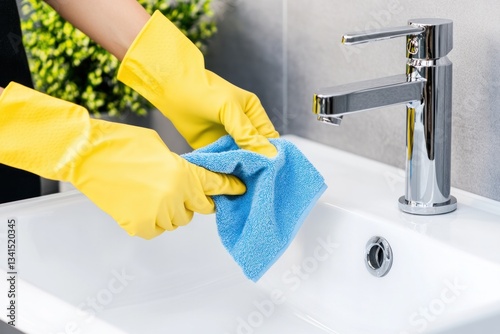 Gloved hands cleaning sink with blue cloth in modern bathroom setting.