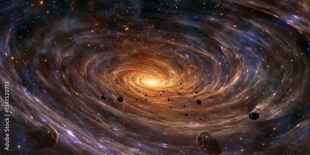 A cosmic 3D background portraying an abstract galaxy with swirling nebulae and floating asteroids. The rich purples, blues, and oranges blend seamlessly, while small glowing stars add depth and
