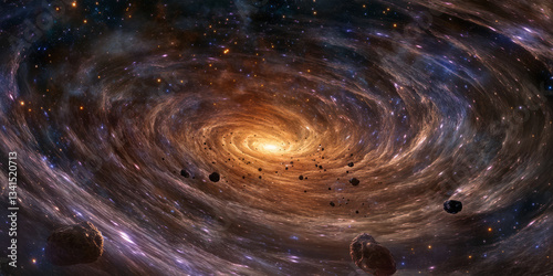 Obraz na płótnie A cosmic 3D background portraying an abstract galaxy with swirling nebulae and floating asteroids. The rich purples, blues, and oranges blend seamlessly, while small glowing stars add depth and w salonie